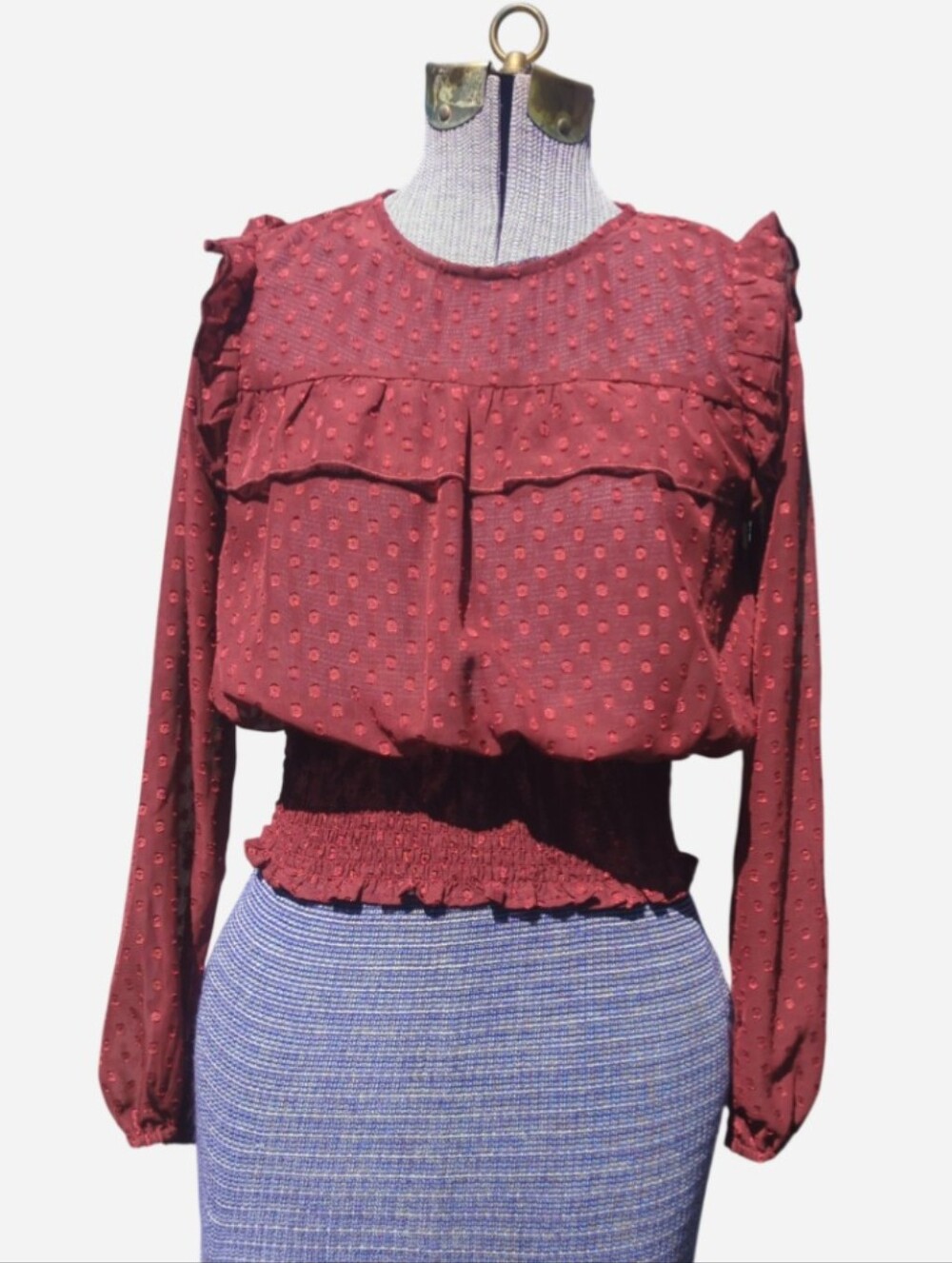 love, Fire burgundy Dot Ruffle Smocked Waist Long Sleeve Blouse